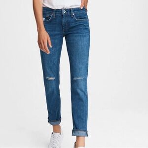 rag & bone Women's Boyfriend Jeans in Medium Blue with Knee Distress
